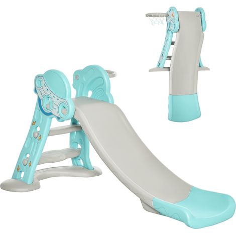 Scivolo per Bambini da 18 Mesi Pieghevole con 3 Scalini e Canestro Basket, Scivolo da Interno ed Esterno, 140x87x75cm, Blu e Grigio