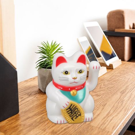 Figura china de gato de la suerte con brazos oscilantes, alimentada por energía solar, hecha de plástico, blanca, dimensiones 5,3 x 4,1 cm, decoración para el hogar, el coche o la oficina. (1/5)