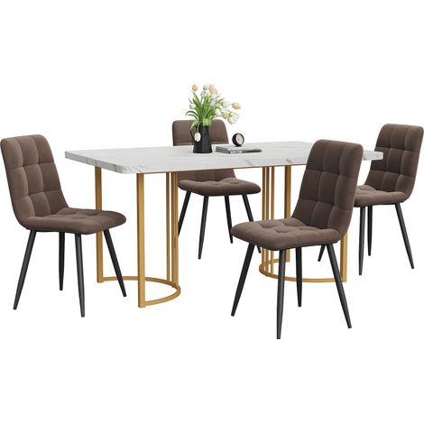 Ensemble table repas 5 pièces 140 x 80 cm avec 4 chaises en velours, plateau MDF effet marbre blanc, pieds métal réglables, style moderne CHICFURN (1/5)