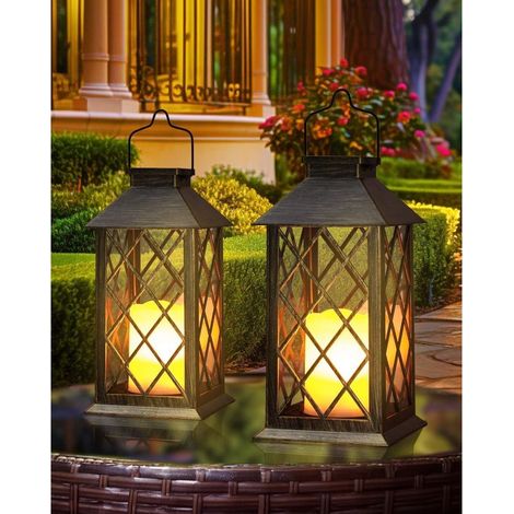 Lot de 2 Lampes Lanternes Solaires à Suspendre pour Jardin, Luminaires Extérieurs, 35,6 cm, 3 fois plus longtemps, 10 lumens, étanches, sans flamme, pour table, décoration de fête