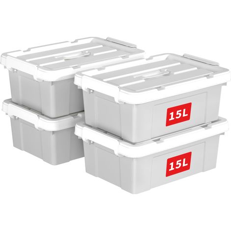 15L4 Boîte de Rangement, Bac de rangement avec Poignée, Plastique Organisateur avec Couvercle, Empilable, Transportable, pour Vêtements, Bureau, Chambre, Dortoirs, Gris, 15L - Lot de 4 (1/5)