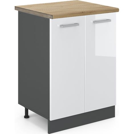 Küchenunterschrank R-Line, Weiß Hochglanz, 60 cm , AP Eiche, Vicco