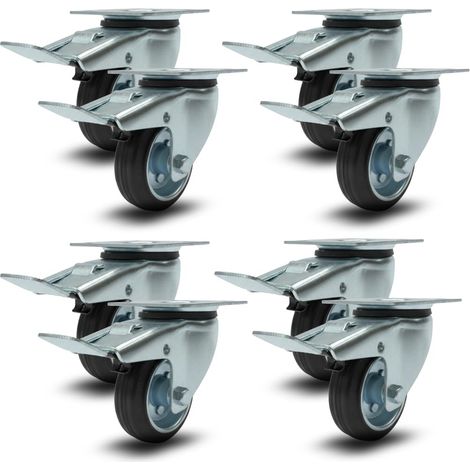 SET 8 RUOTE GIREVOLI CON FRENO 80 mm ROTELLE SILENZIOSE PIROETTANTI IN GOMMA, PER CARRELLO CARICHI PESANTI MOBILI,ELETTRODOMESTICI, BANCHI DA LAVORO