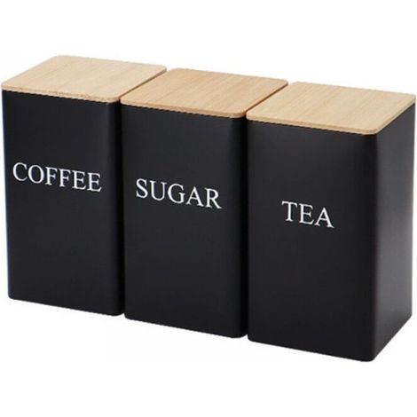 Lot de 3 boîtes à thé, café et sucre en métal de 1 000 ml avec couvercle hermétique en bambou décoratif pour votre thé, sucre, café préféré (noir)
