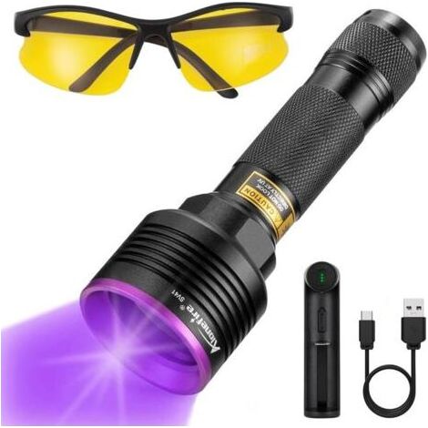 SV41 10W Lampe Torche UV LED 395nm Rechargeable Lampe Ultraviolet Lumiere Noire Détecteur D'urine pour Resine, Pêche, Scorpion, Minéraux avec Lunettes de Protection UV, Chargeur, Batterie (1/5)