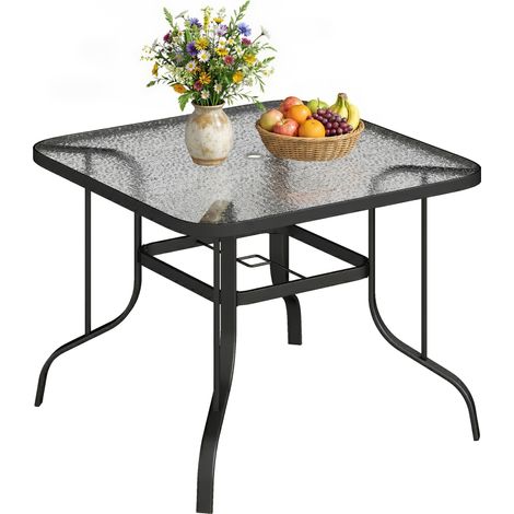 Tavolo da giardino quadrato 4 posti con piano in vetro e foro ombrellone da 43 mm di diametro, nero