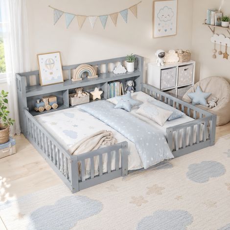 Lit Enfant 140x200 cm avec Bibliothèque, Lit au Sol avec Barrière de Sécurité et Sommier à Lattes, Cadre de Lits Montessori au Sol en Bois Massif Pin, Lit Sol Enfant pour Bébés, Gris (1/5)