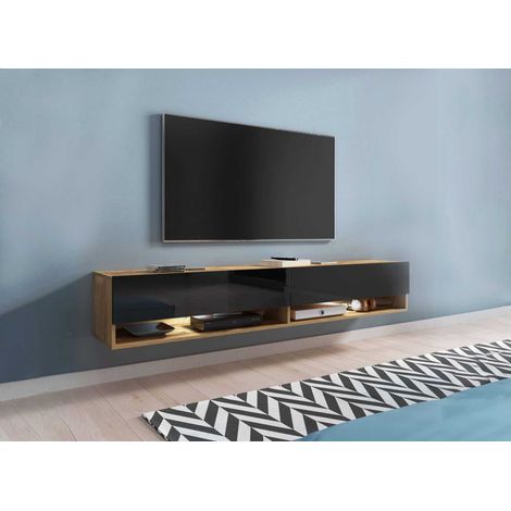 Deco In Paris – Meuble TV suspendu 2 portes 2 niches en chêne et noir – Dimensions 180x31x30 cm – Design scandinave contemporain – Rangement pratique avec passe-câbles