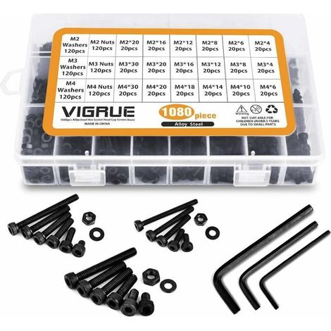 1080 pièces M2 M3 M4 boulons à vis en acier au carbone écrous et rondelles Kit d'assortiment de avec boîte de rangement plat (1080 pièces) (1/5)