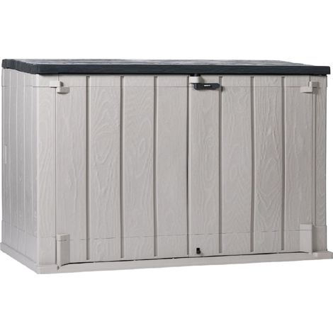 Toomax Stora Way Plus XL Baule da 1270L portattrezzi effetto legno grigio talpa/antracite in plastica resistente 145x85x124,5h, porta bidoni spazzatura, chiusura a chiavistello, ideale per giardino