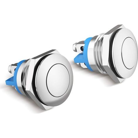 2 Pack 16mm Momentané Bouton Poussoir en Métal Commutateurs de Bouton Poussoir Etanche Acier Inoxydable on/Off Rond Plat Top Interrupteur Argent (1/5)