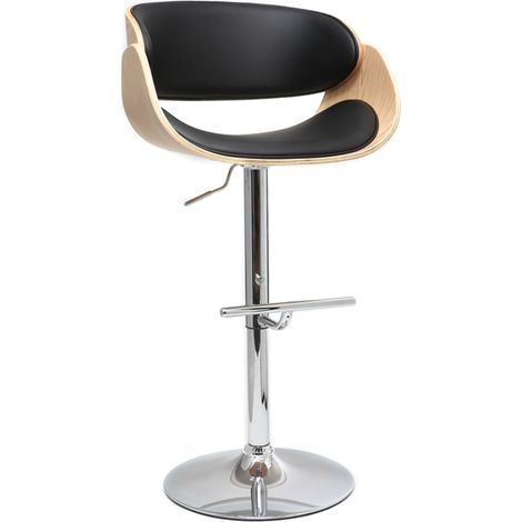 Miliboo – Tabouret de bar réglable noir et bois clair – Assise en polyuréthane – Hauteur 61.5-83.5 cm – Pivote 360° – Pied en acier chromé (1/5)