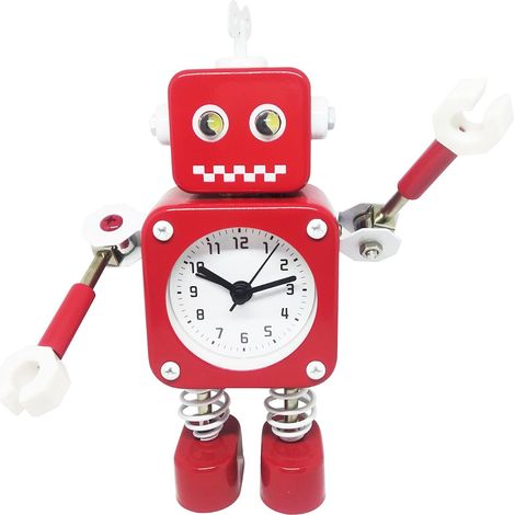 Réveil robot rouge en métal avec yeux lumineux, silencieux, sans tic-tac, au design robot mignon, idéal pour la chambre d'enfant et la décoration intérieure. (1/5)