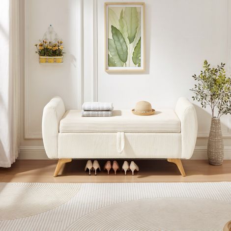 Banco arcón plegable 145x51x57 cm, pana beige, ahorra espacio, salón FloraGrace (1/5)