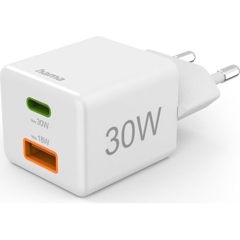 Ricarica Hama. Veloce, 1 USB-C PD, 1 USB-A QC, Mini caricatore, 30 W, Bianco