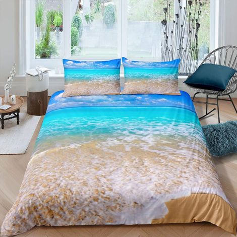 Parure de lit 3 pièces avec housse de couette pour enfants, garçons et filles, motif plage hawaïenne, pour lit double (1/4)