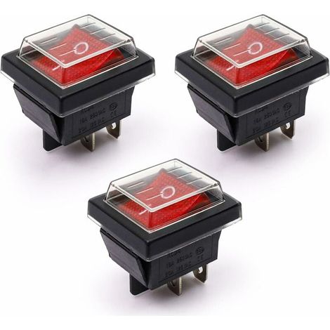 FOREHILL 3Pcs Interrupteur à Bascule lumière rouge ON/OFF Avec Couvercle étanche 16 A/250 V 20 A/125 V CA(DPST) (1/5)