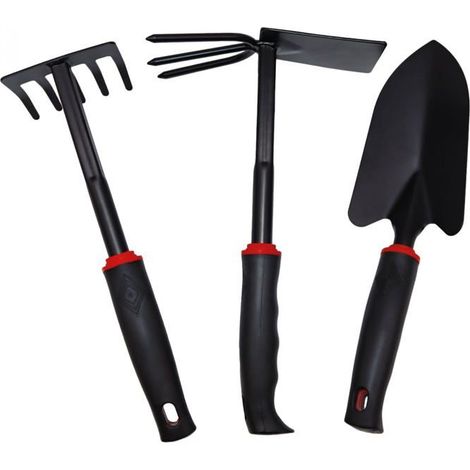 Ensemble de 3 outils de jardin à main en acier inoxydable noir : truelle ergonomique, râteau et houe. (1/5)