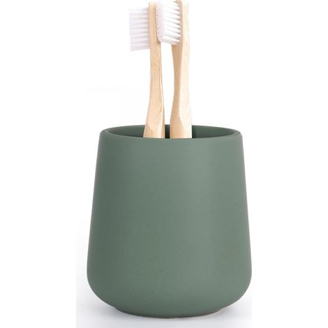 Gobelet à brosses à dents vert rond - 350 ml - Gobelet de salle de bain en céramique mat - Convient pour brosse à dents et dentifrice (1/5)