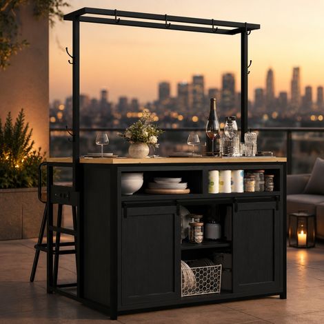 Isla de cocina 107x62x183 cm MDF metal negro con enchufes, ahorro de espacio – MEUBLIV (1/5)