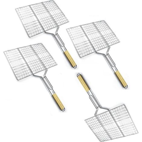 4 supports de grille avec poignées en bois Panier à griller pour poisson, légumes, steak, crevettes Grille métallique 38,5 x 28 cm Panier à légumes, panier à hamburgers, spatule à griller Panier à (1/5)