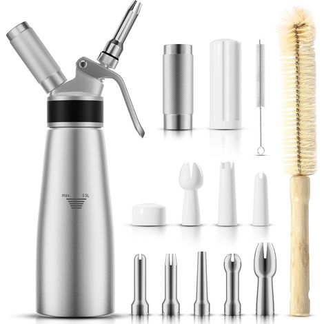 Aluminum Whipped Cream Dispenser, 500ml/1 Pint Box with 8 Decorating Nozzles and Cleaning Brush, Cream Siphon Should Use N2O Chargers (Note (1/5)
