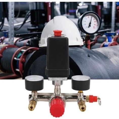 Pressostat - Régulateur De Pression Contact NC - Pour Compresseur D'air - Plage 5 À 8 Bar - Avec 2 Manomètres Et Support Métallique (1/4)