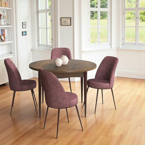 Ensemble table ronde Ø90 cm + 4 chaises roses à motifs AROLA (1/4)