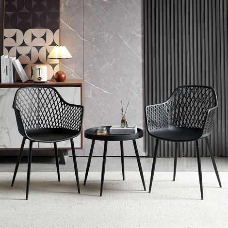 H.J WeDoo Ensemble table et 2 chaises, fauteuils lounge avec accoudoirs et pieds en métal, table basse, chaises de cuisine pour bureau, cuisine, salon, noir (1/5)