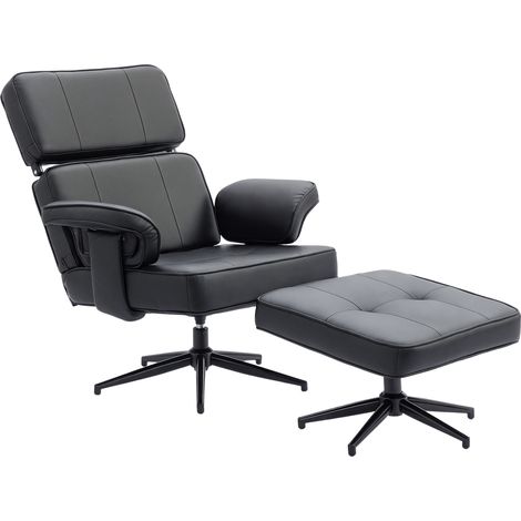 Fauteuil inclinable réglable avec repose-pieds, similicuir noir, appui-tête ajustable, base métal (1/5)