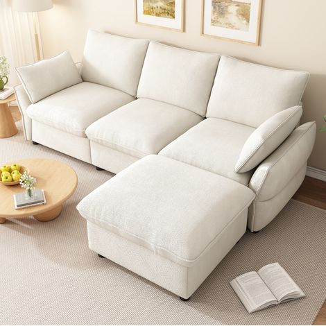 Ecksofa mit Ottomane, 3-Sitzer, Chenille, 222,5 x 154,5 x 76,5 cm, Beige, mit 1 Hocker HAVRYA (1/5)