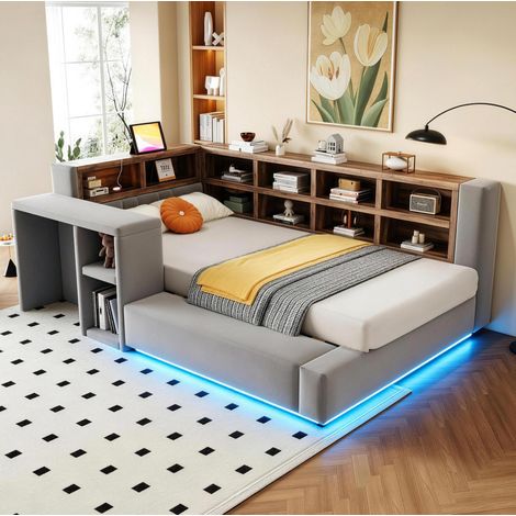 Polsterbett 90x200 cm dunkelgrau mit LED und Stauraum, platzsparend, ohne Matratze – MEUBLIV (1/5)