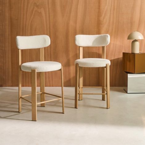 Lot de 2 tabourets de bar vintage acier effet bois clair et tissu texturé - Gloria Bois clair / Crème (1/4)