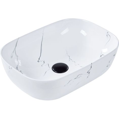 Lavabo en Céramique 47 x 34 cm Effet Marbre Salle de Bain Evier Blanc Hopi
