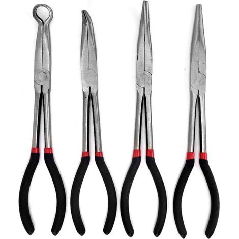 Set of 4 Long Nose Pliers: 280 mm Straight Nose Pliers, 45° Angle Pliers, 90° Angle Pliers and Circular Pliers for Industry, Construction, Mechanical Engineering, Automotive (1/5)