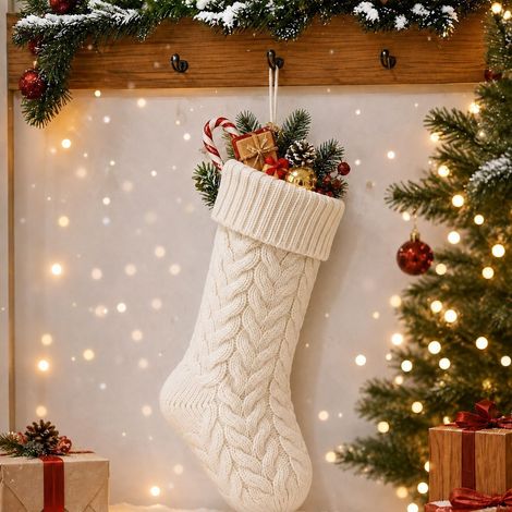 Chaussette de Noël blanche en tricot avec motif arête de poisson, grand sac cadeau et bonbons, décoration suspendue pour fête de Noël