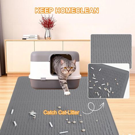 Tapis de litière pour chat imperméable et antidérapant bac à litière lavable pour chats motif rainures gris 50x70cm