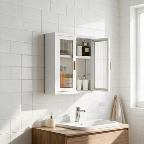 Armoire murale de salle de bain à 2 portes avec étagère réglable, métal et acrylique, blanche (1/5)