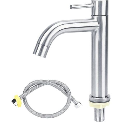 Robinet de salle de bain à bec courbé et finition brossée, robinet d'eau froide en acier inoxydable, mitigeur à levier unique avec flexible, adapté aux éviers et lavabos.