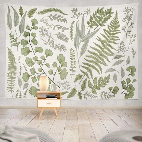 Tapisserie murale florale en polyester à motifs botaniques verts et blancs, idéale pour le printemps. (1/3)