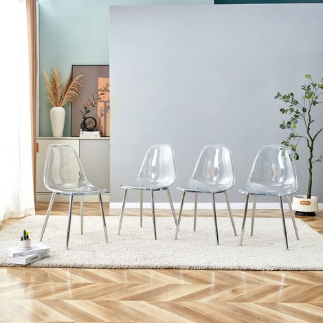 Lot 4 chaises plastique transparent pied métal argenté antidérapant salle à manger bureau dim 44x45,7x83cm style minimaliste (1/5)