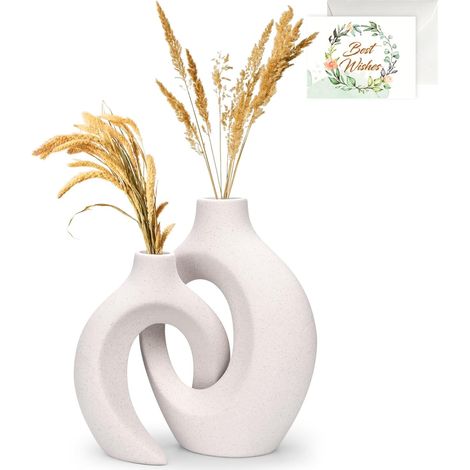 Vase Céramique Design, Lot de 2 - Blanc pour Pampa et Fleurs Séchées - Décoration De Table Moderne pour Maison, Fête, Centre De Table De Mariage