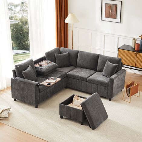 REDOM Canapé d’angle 205x205x85 cm convertible, avec pouf de rangement, lampe de lecture, ports USB et Type C, table et porte gobelets, chenille grise (1/5)