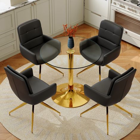 4-Sitzer Tisch- und Stuhlset, runder Tisch aus gehärtetem Glas 85 cm, schwarz und gold HAVRYA (1/5)