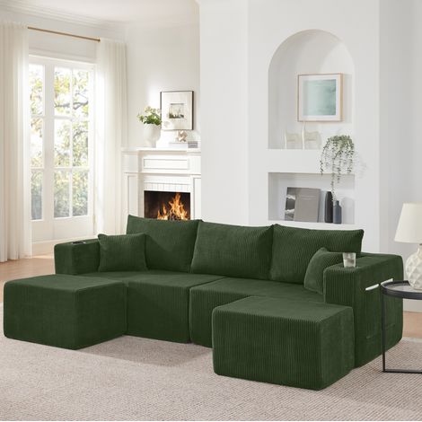 Divano angolare modulare 3 posti, con 2 pouf mobili, portabicchieri, tasche laterali, cuscini, schiuma verde (1/5)