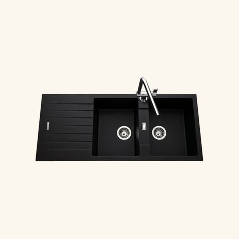 Évier granit noir 116x50 cm – 2 bacs réversibles – Évier à encastrer avec bonde et siphon inclus – Pour meuble sous évier 80 cm minimum – Luisina (1/4)
