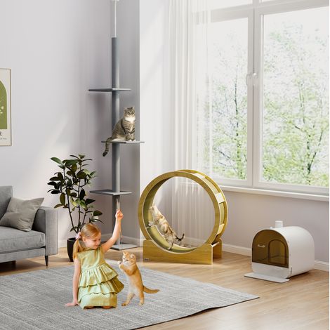 Ruota per gatti 91 cm con freno e tiragraffi, in legno colore rovere OKMYHOME (1/5)