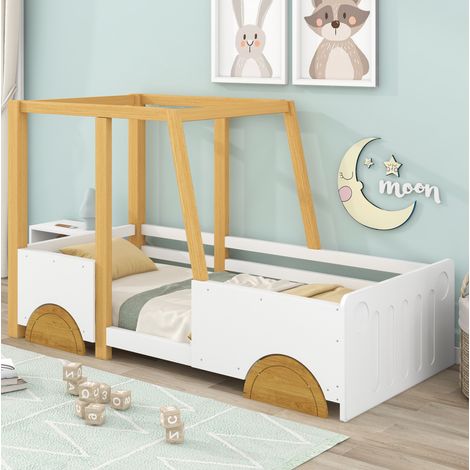 Cama infantil coche con barandillas madera blanca OKMYHOME (1/5)