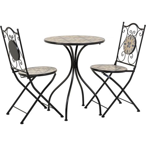Conjunto mesa y dos sillas de mosaico y forja negras (1/5)