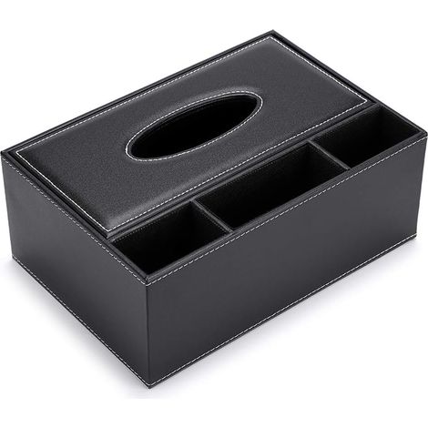 Caja de pañuelos rectangular de cuero sintético (negra) con 3 compartimentos, organizador de escritorio para control remoto